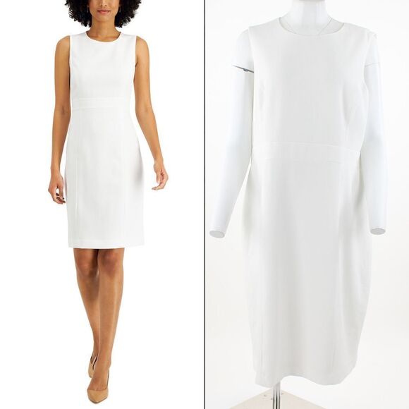 Kasper Round-Neck Sheath Dress in Vanilla Ice - Picture 1 of 5